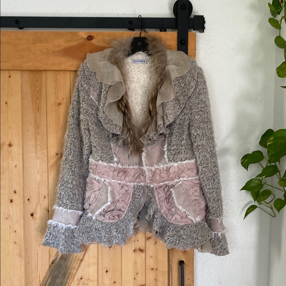 Plush Gray and Pink Jacket Boho Glam Faux Fur Collar